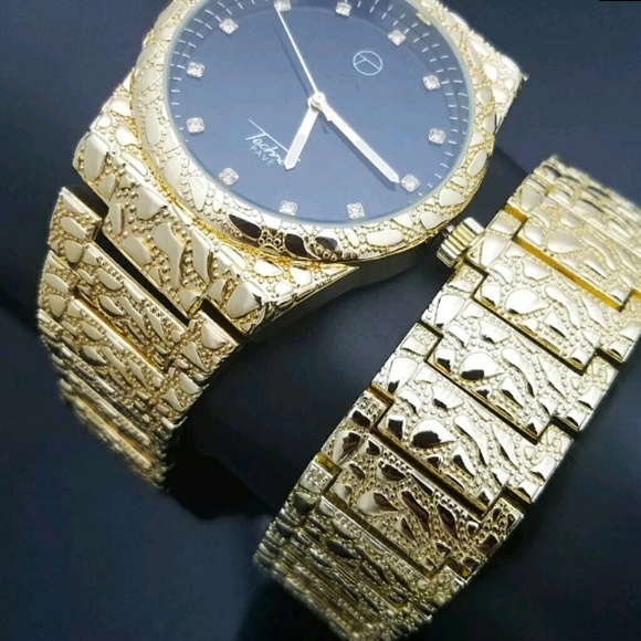 14K GOLD PLATED ICED OUT WATCH BRACELET SET - Picture 4 of 4